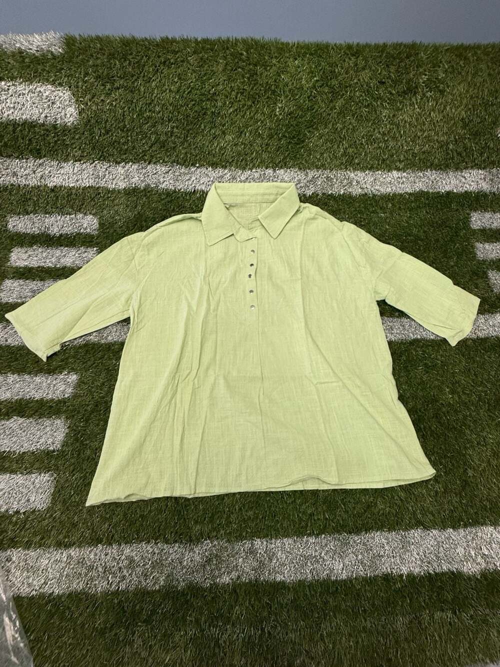 Women's Light Green Cotton Linen Collared Half Sleeve Button Front Blouse Size L